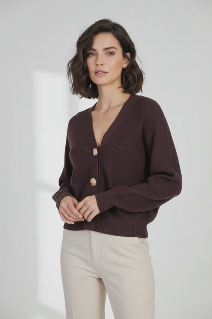 Дамска плетена жилетка в цвят кафе със златисти копчета – Mocha Gold Cardigan