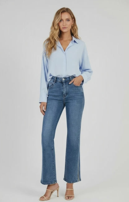 Дамски сини дънки тип чарлстон с декоративен кант – Blue Flare Denim