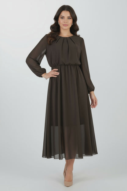 Шифонена кафява рокля с лека подплата - Cocoa Air