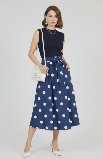 Синя пола на бели точки с колан и странични джобове - Marina Dot
