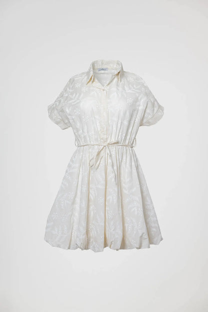 Рокля балон с рязана бродерия в екрю с колан – Ivory Lace-рокли-6Sense
