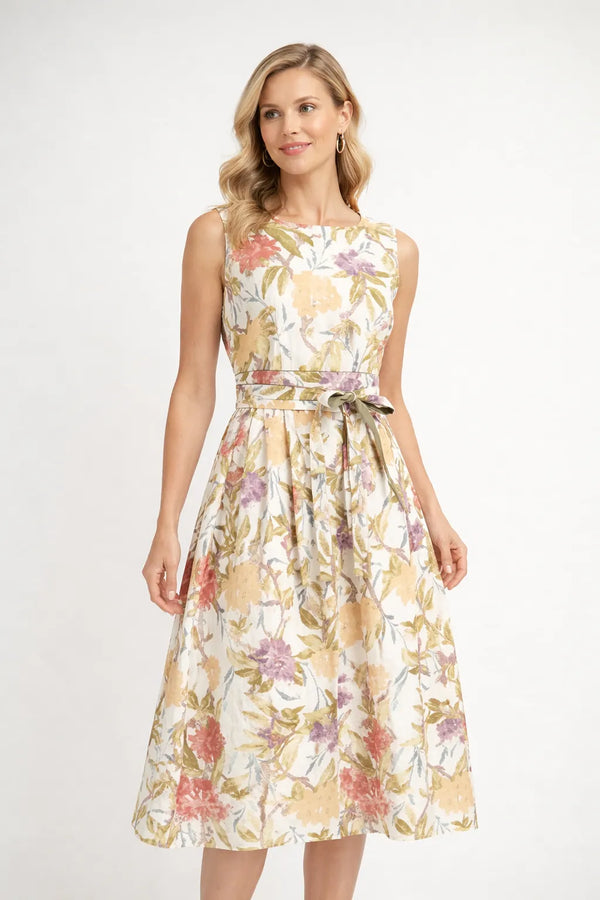 Flora Muse рокля без ръкави с флорален принт в пастелни тонове, миди дължина и колан на талията.