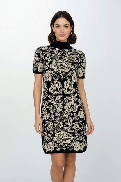Рокля фино плетиво с флорален мотив - Noir Florale-рокли-6Sense