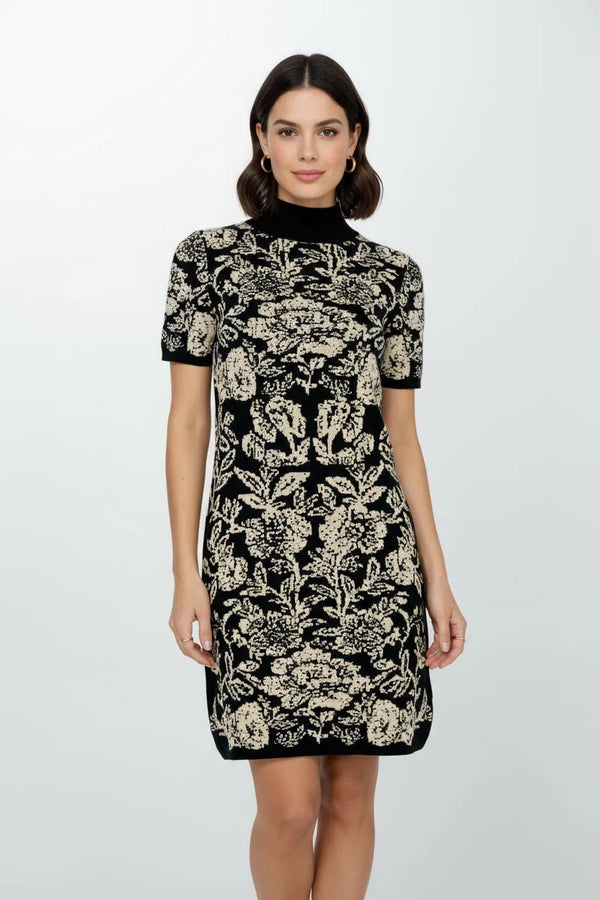 Рокля фино плетиво с флорален мотив - Noir Florale-рокли-6Sense