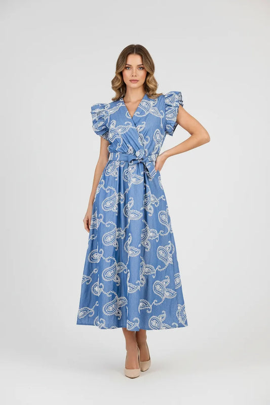 Blue Nomad 100% cotton midi dress with white paisley print, ruffled sleeves, and tie waist.