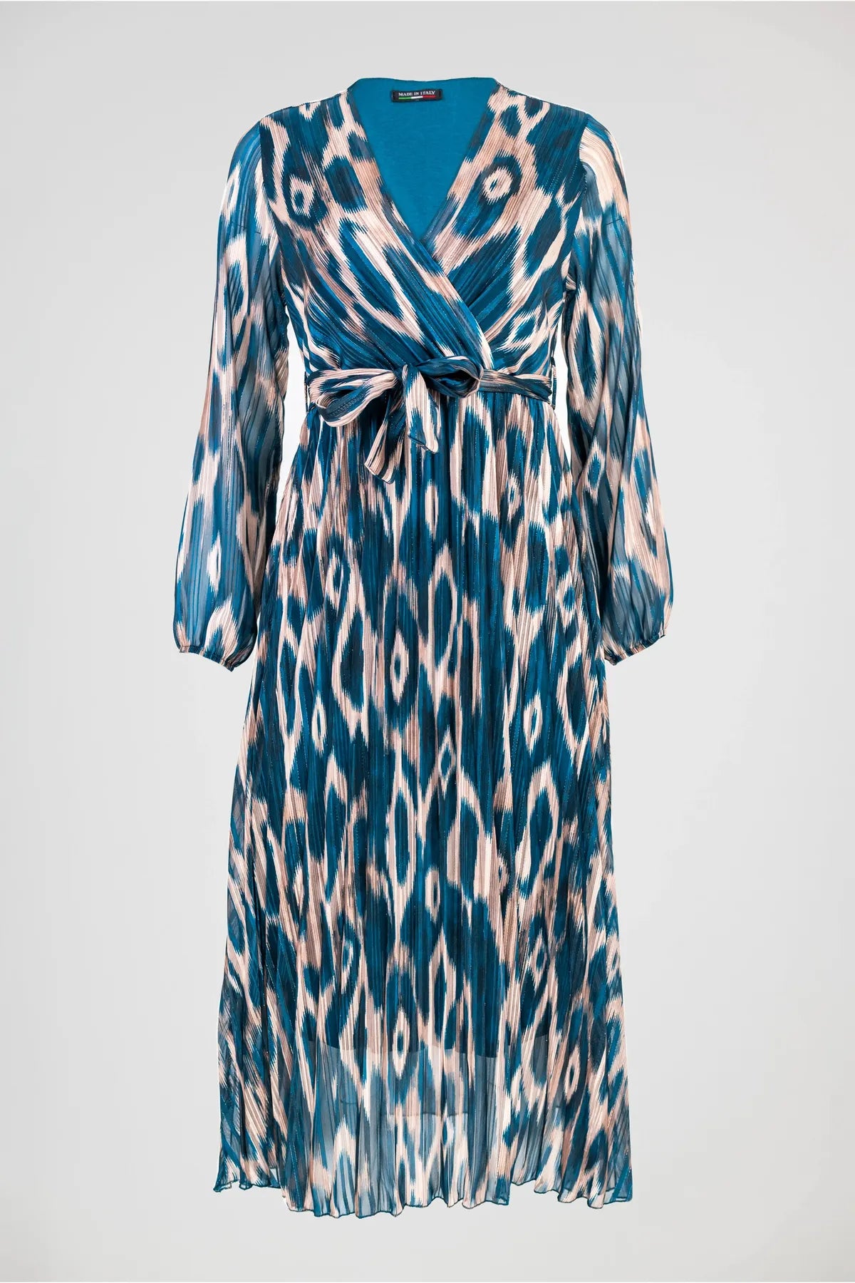 Рокля плисе - ефирност с артистичен принт - Teal Mirage-рокли-6Sense