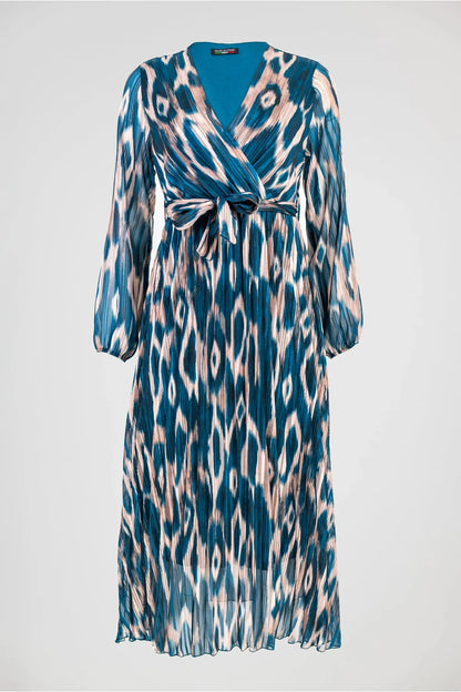 Рокля плисе - ефирност с артистичен принт - Teal Mirage-рокли-6Sense