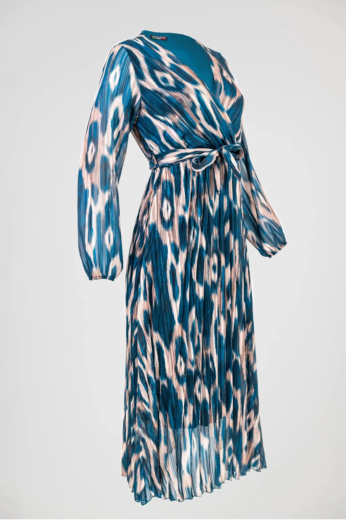 Рокля плисе - ефирност с артистичен принт - Teal Mirage-рокли-6Sense