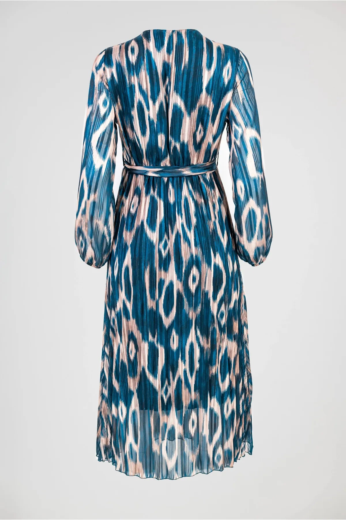 Рокля плисе - ефирност с артистичен принт - Teal Mirage-рокли-6Sense