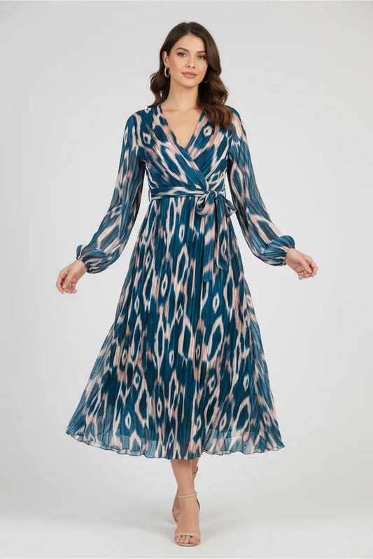 Рокля плисе - ефирност с артистичен принт - Teal Mirage-рокли-6Sense