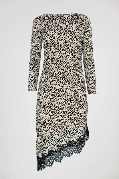 Рокля с леопардов принт и асиметричен дантелен подгъв - Leopard Noir