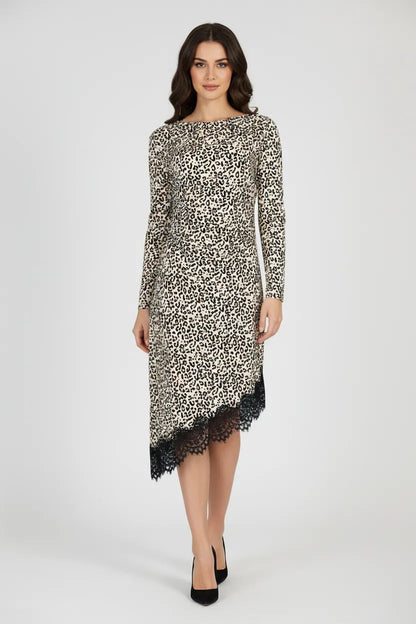 Рокля с леопардов принт и асиметричен дантелен подгъв - Leopard Noir
