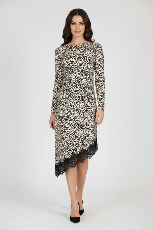 Рокля с леопардов принт и асиметричен дантелен подгъв - Leopard Noir