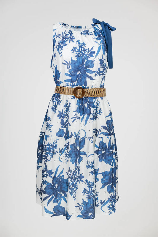Рокля с рязана бродерия и флорален принт - Blue Garden Plus Size-рокли-6Sense