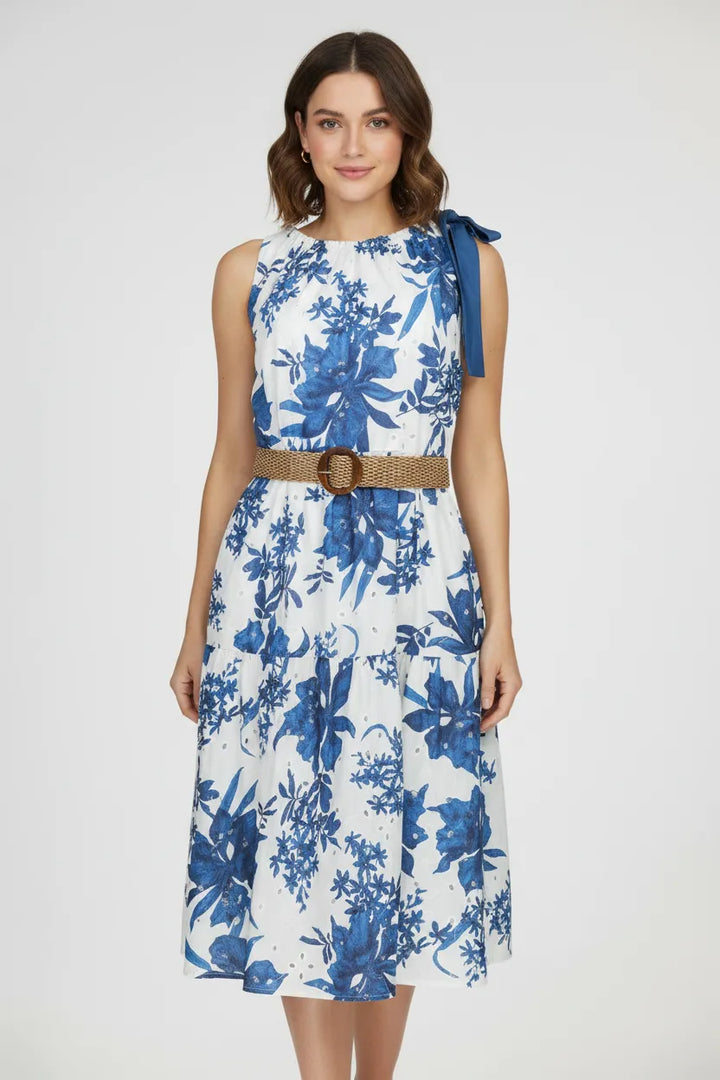 Рокля с рязана бродерия и флорален принт - Blue Garden Plus Size-рокли-6Sense
