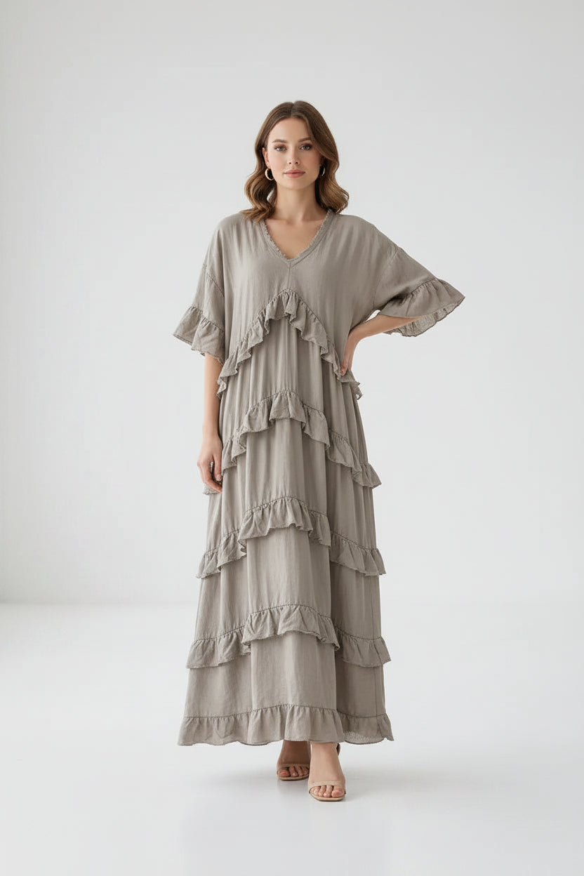 Рокля с волани от лен и памук Plus size – Ruffle Nomad-рокли-6Sense