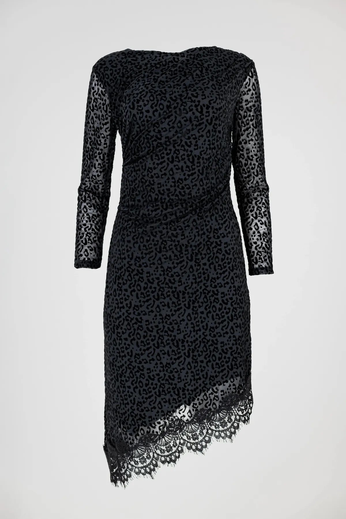 Рокля в черно леопардово кадифе с дантелeн финал - Wild Leopard Lace-рокли-6Sense