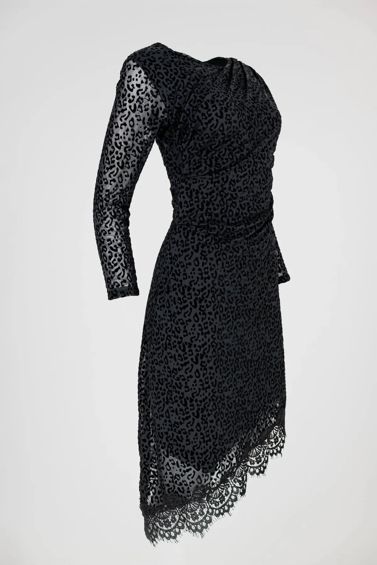 Рокля в черно леопардово кадифе с дантелeн финал - Wild Leopard Lace-рокли-6Sense