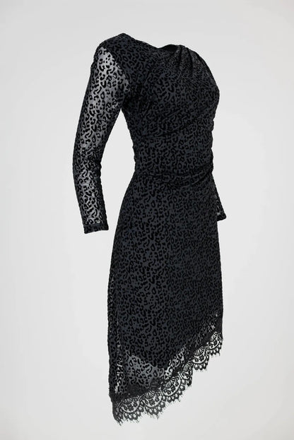 Рокля в черно леопардово кадифе с дантелeн финал - Wild Leopard Lace-рокли-6Sense