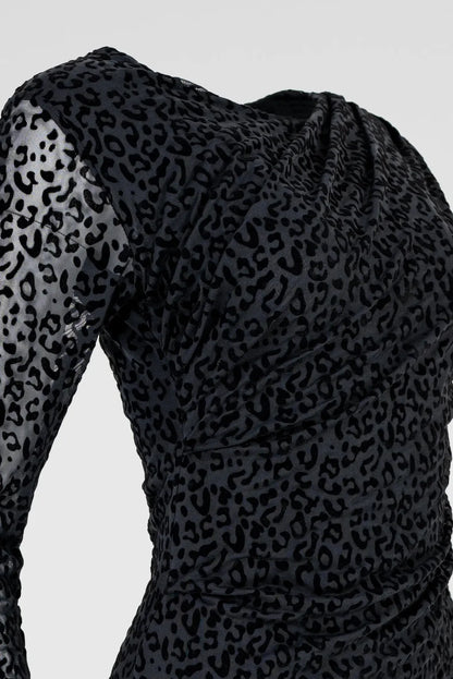 Рокля в черно леопардово кадифе с дантелeн финал - Wild Leopard Lace-рокли-6Sense