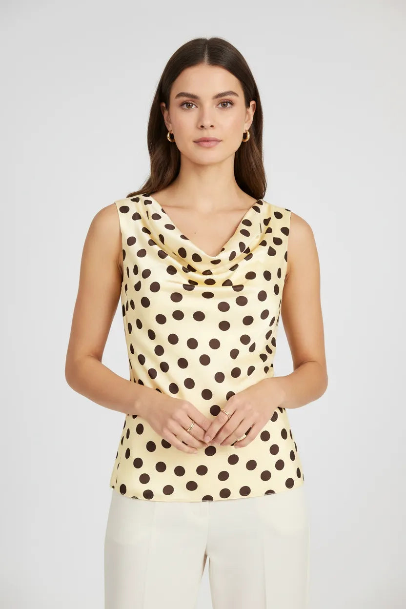 Сатенен дамски потник с гръцко деколте и принт на точки – Dotty-блуза с къс ръкав-6Sense