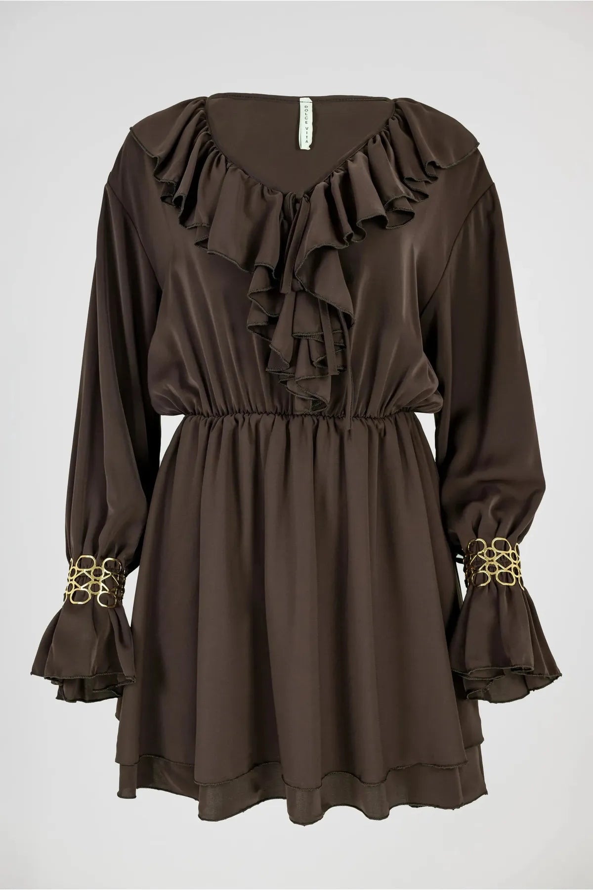 Сатенена кафява рокля с жабо - Mocha-рокли-6Sense