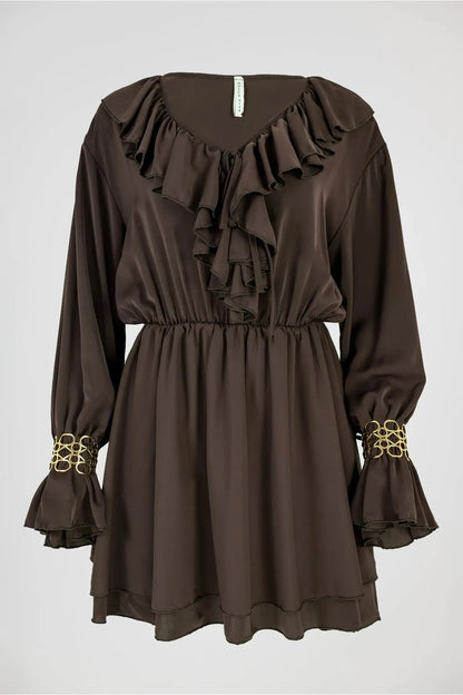 Сатенена кафява рокля с жабо - Mocha-рокли-6Sense