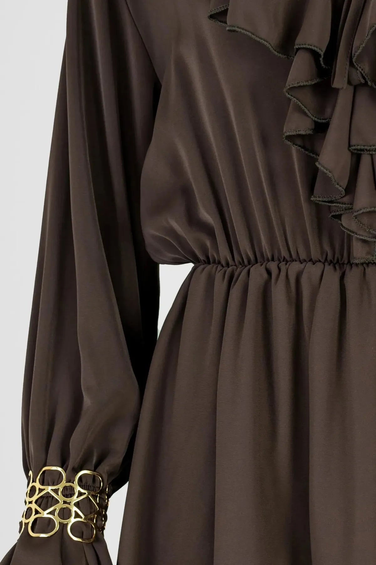 Сатенена кафява рокля с жабо - Mocha-рокли-6Sense