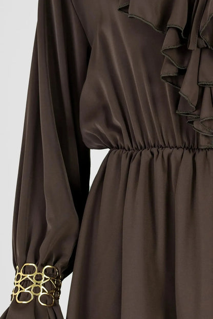 Сатенена кафява рокля с жабо - Mocha-рокли-6Sense