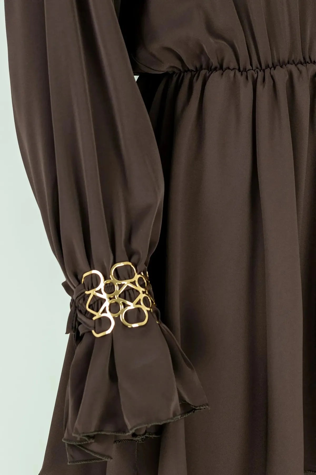 Сатенена кафява рокля с жабо - Mocha-рокли-6Sense