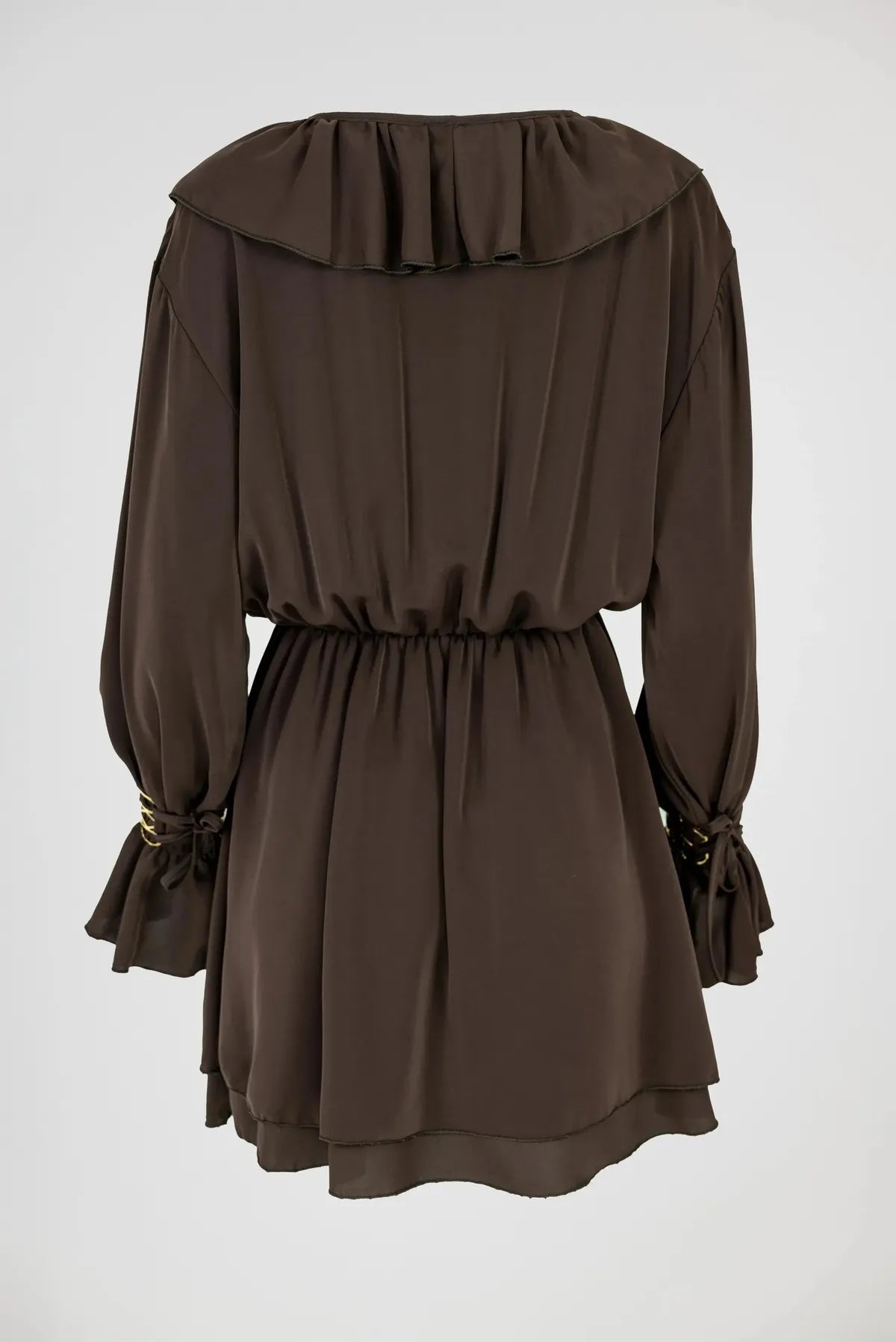 Сатенена кафява рокля с жабо - Mocha-рокли-6Sense