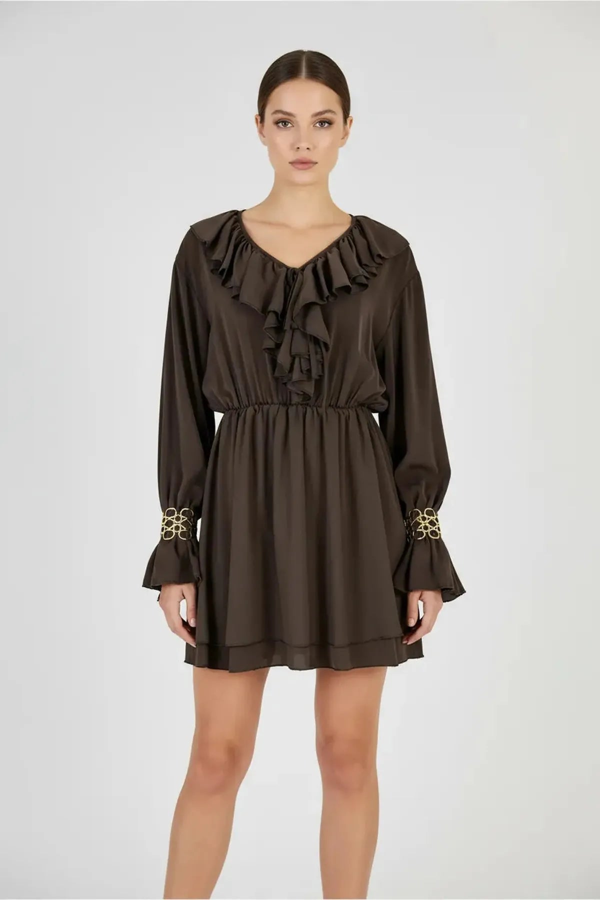 Сатенена кафява рокля с жабо - Mocha-рокли-6Sense