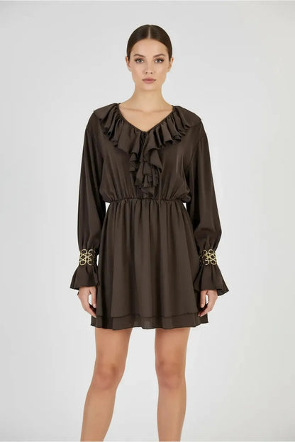 Сатенена кафява рокля с жабо - Mocha-рокли-6Sense