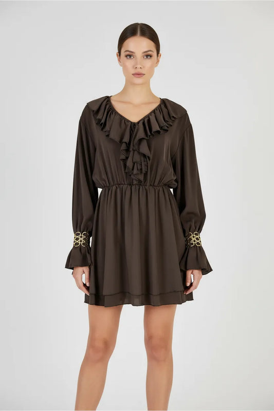 Сатенена кафява рокля с жабо - Mocha-рокли-6Sense
