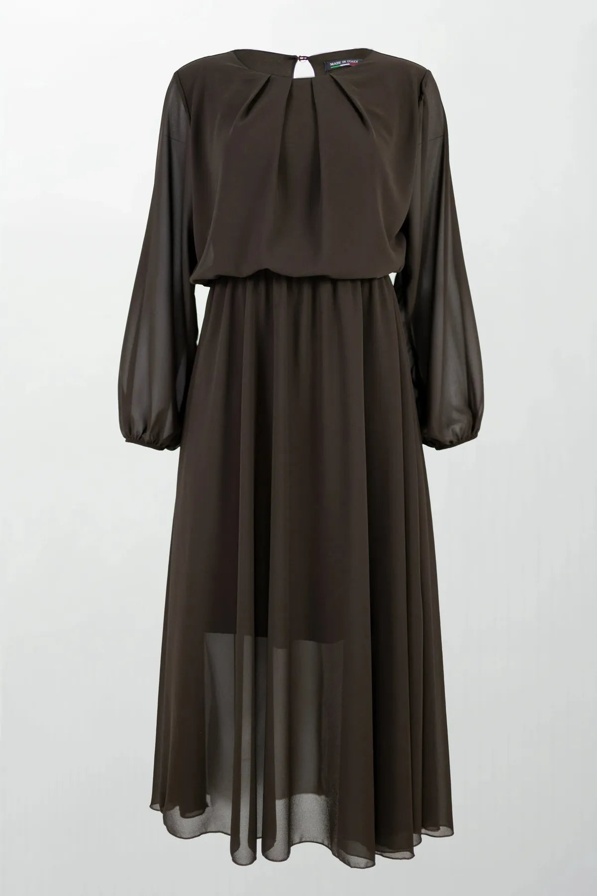 Шифонена кафява рокля с лека подплата - Cocoa Air-рокли-6Sense