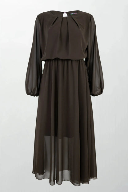 Шифонена кафява рокля с лека подплата - Cocoa Air-рокли-6Sense
