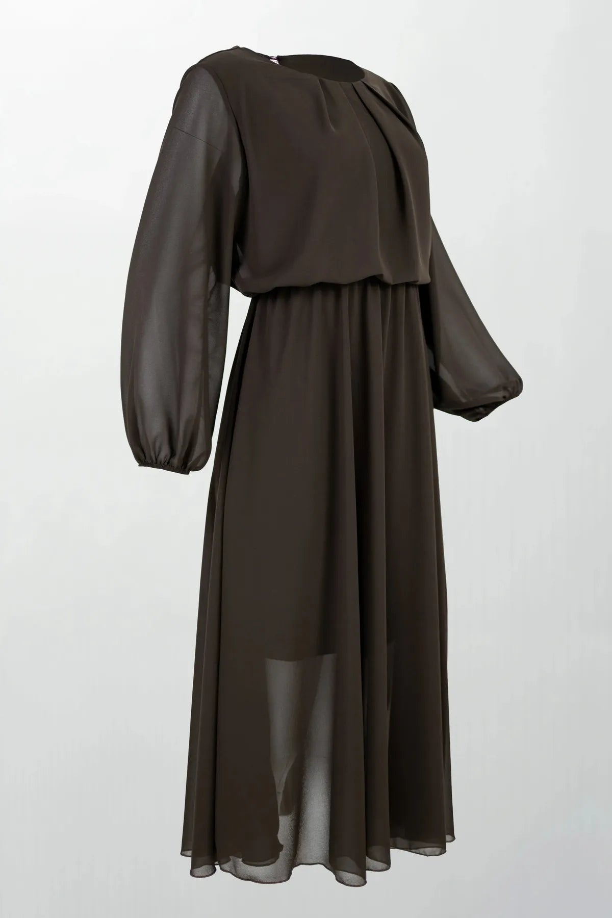 Шифонена кафява рокля с лека подплата - Cocoa Air-рокли-6Sense