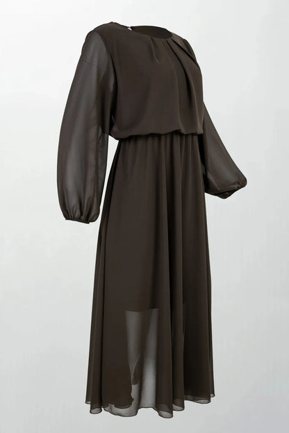 Шифонена кафява рокля с лека подплата - Cocoa Air-рокли-6Sense