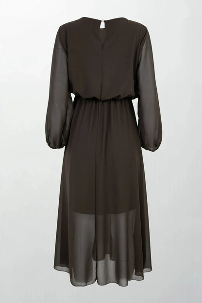 Шифонена кафява рокля с лека подплата - Cocoa Air-рокли-6Sense