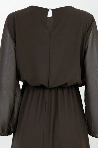 Шифонена кафява рокля с лека подплата - Cocoa Air-рокли-6Sense