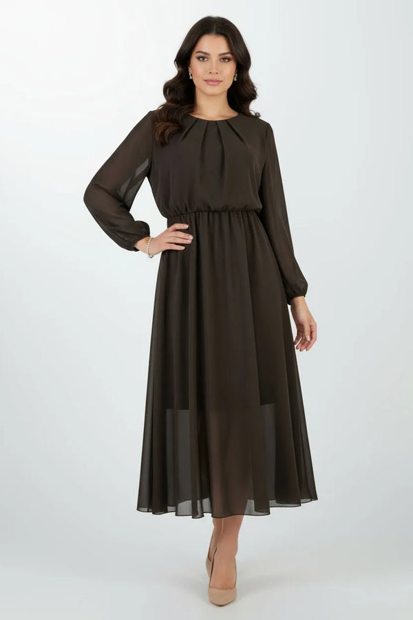 Шифонена кафява рокля с лека подплата - Cocoa Air-рокли-6Sense