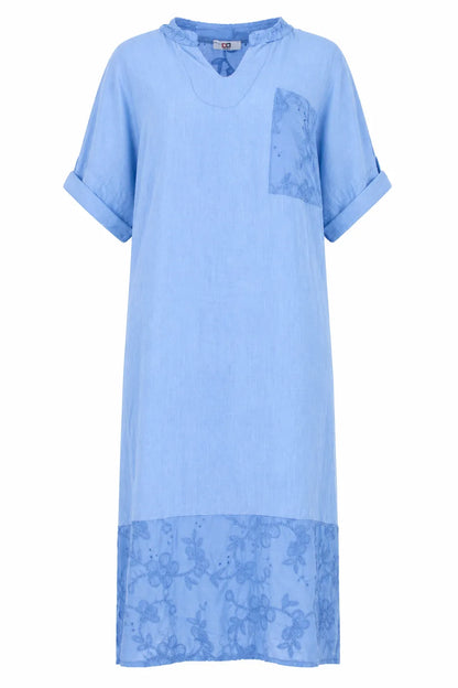 Синя ленена рокля с бродерия - Plus size – Olivia-рокли-6Sense