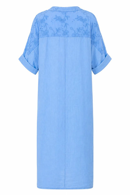 Синя ленена рокля с бродерия - Plus size – Olivia-рокли-6Sense