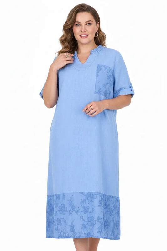 Синя ленена рокля с бродерия - Plus size – Olivia-рокли-6Sense