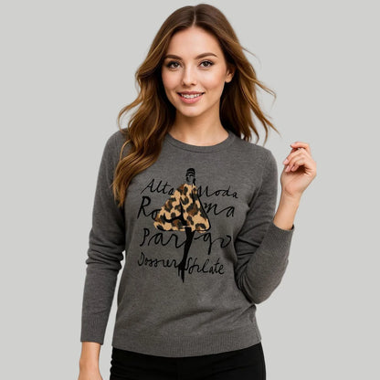 Сива плетена блуза с леопардов акцент - Sage Aura-блузи-6Sense