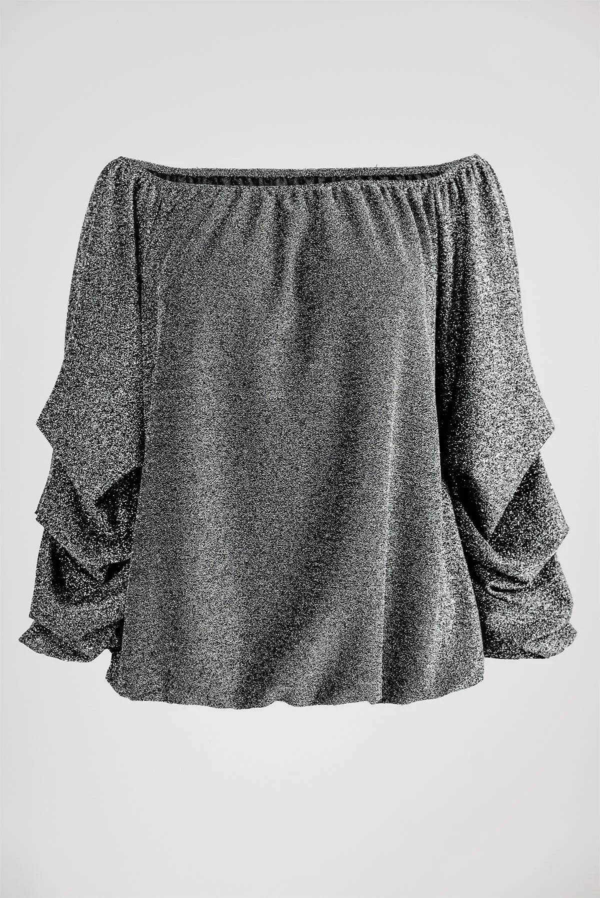 Сребриста блуза с паднало рамо и ефектен блясък – Silver Drape-блузи-6Sense