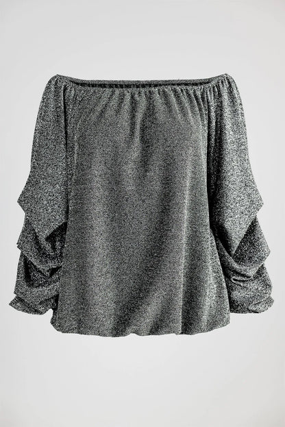 Сребриста блуза с паднало рамо и ефектен блясък – Silver Drape-блузи-6Sense