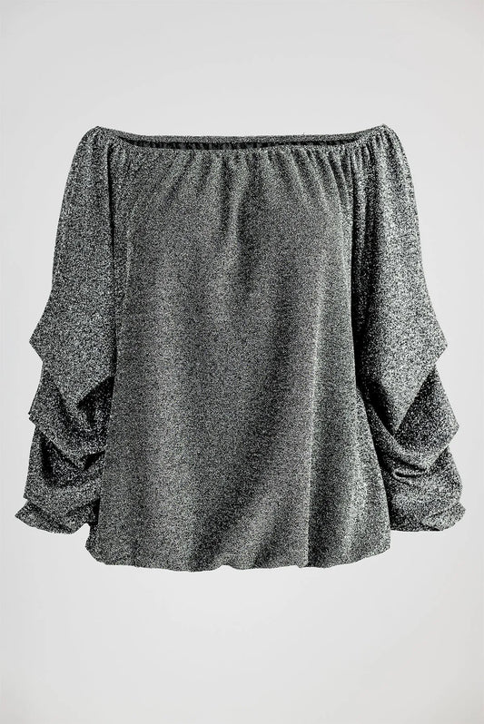 Сребриста блуза с паднало рамо и ефектен блясък – Silver Drape-блузи-6Sense