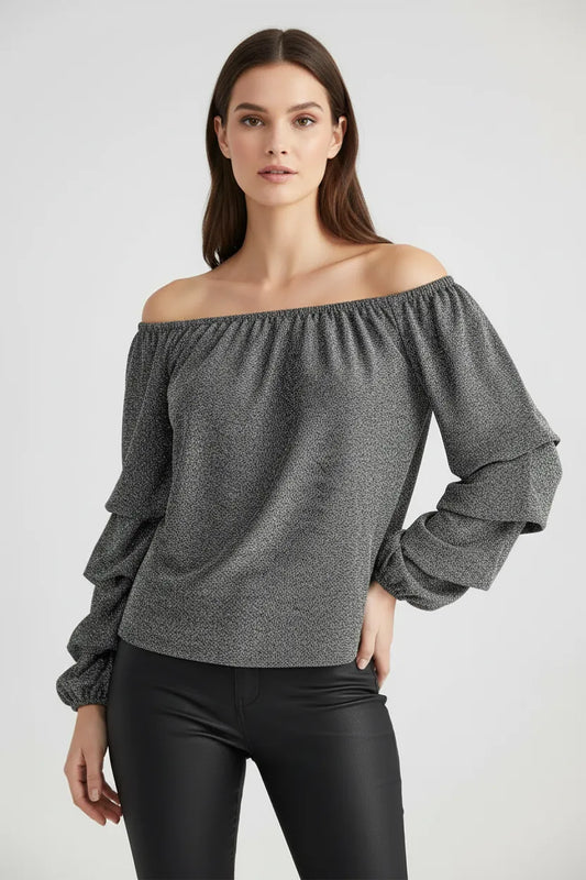 Сребриста блуза с паднало рамо и ефектен блясък – Silver Drape-блузи-6Sense