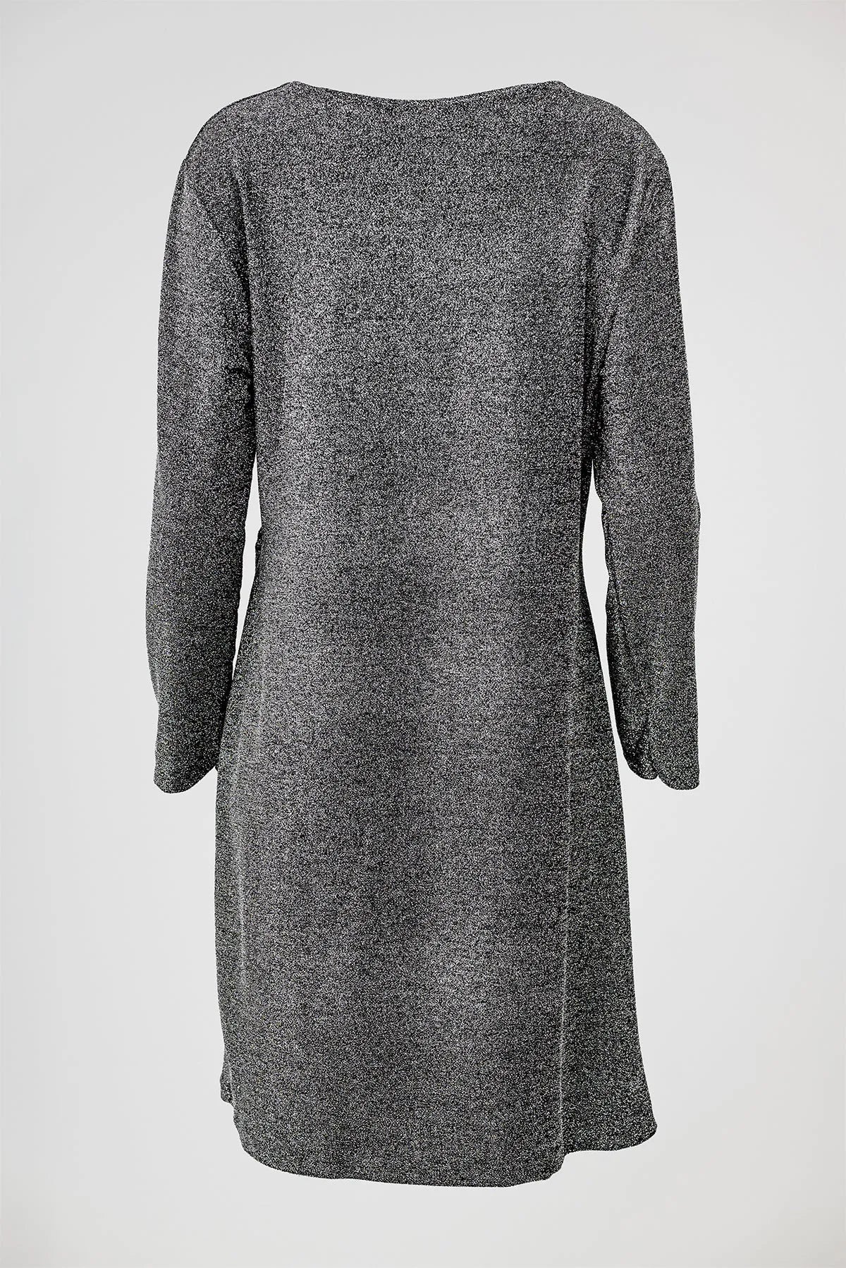 Сребриста рокля с фин блясък и асиметричен акцент – Silver Knot-рокли-6Sense